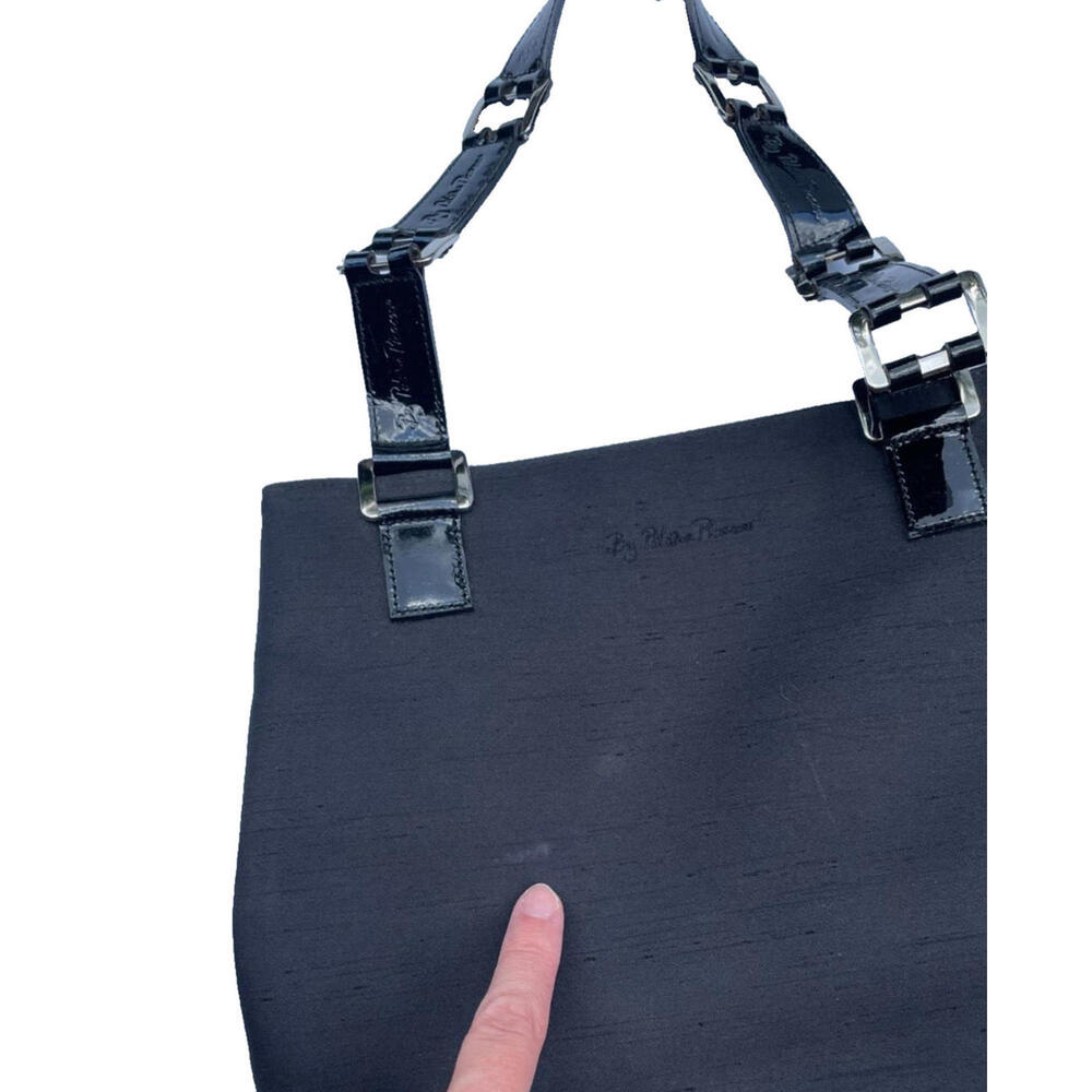 Paloma Picasso Black Satin Shoulder Bag Satchel Patent Leather Signature Strap - Picture 8 of 9